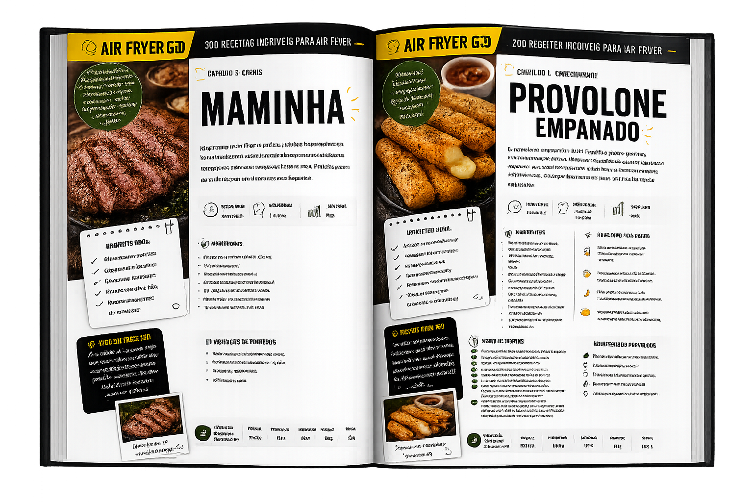 Livro aberto com receitas organizadas e ilustradas